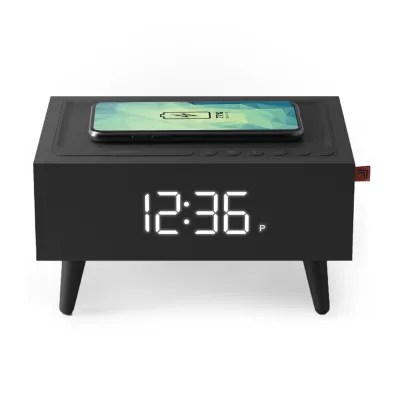 Sharper Image Wireless Charging Clock Radio + Speaker, Color Black