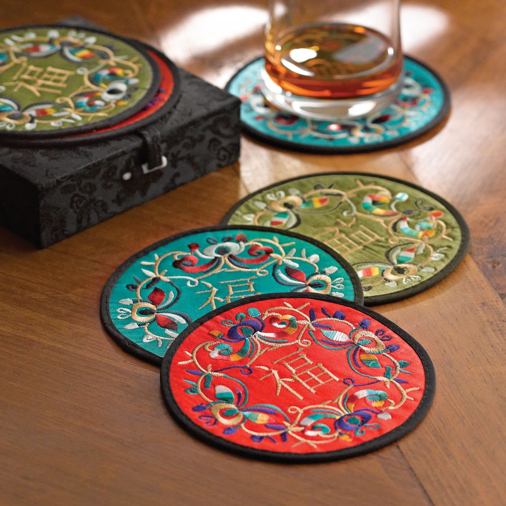 Luck and Prosperity Embroidered Silk Coasters Set of 6 National