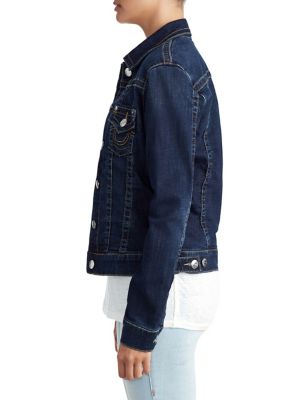 WOMENS PLAID LINED TRUCKER DENIM JACKET