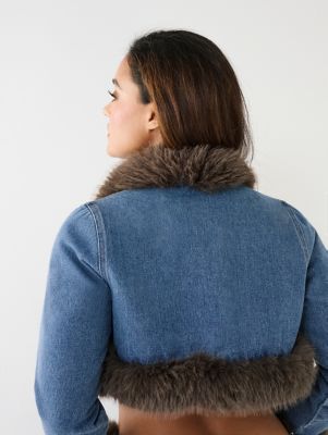 CROPPED FUR TRIM DENIM JACKET