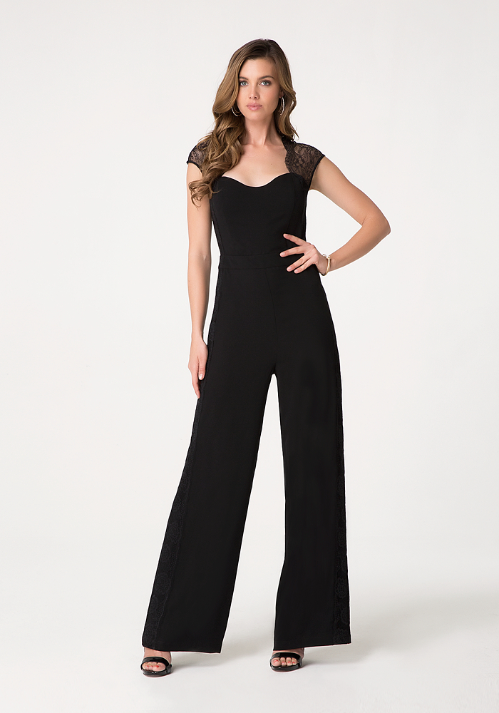 Scallop Lace Crepe Jumpsuit Jumpsuits & Rompers bebe