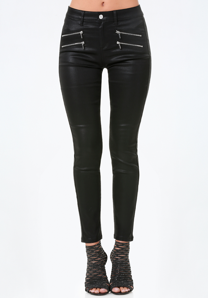 Coated Zip Skinny Jeans All Bottoms bebe