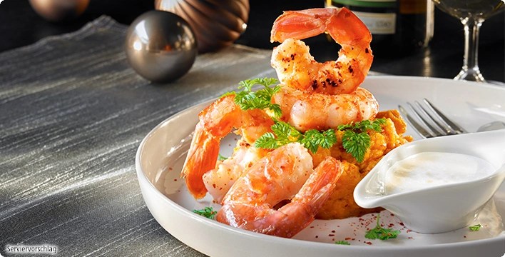 Argentinische Rotgarnelen mit Karottenpüree und Ingwersauce ALDI