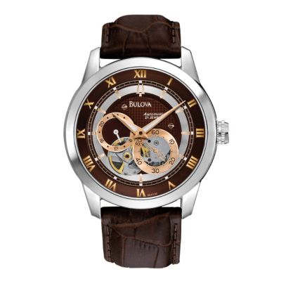 Bulova Men's Stainless Steel Skeleton Brown Strap Watch H.Samuel