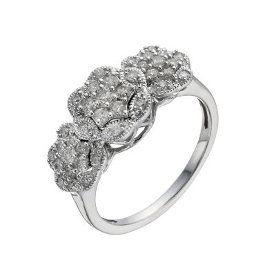 9ct White Gold 1/2 Carat Diamond Triple Flower Cluster Ring H.Samuel