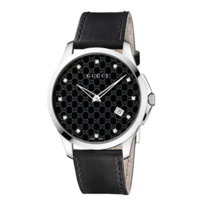 Gucci men's diamond steel black leather strap watch Ernest Jones