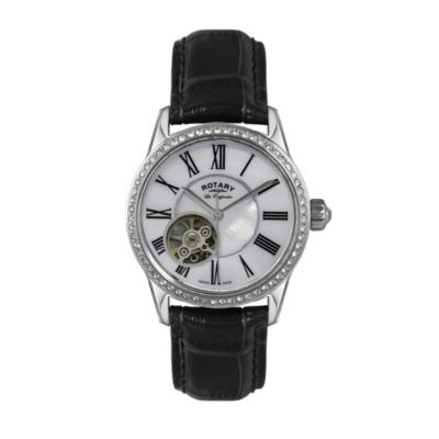 Rotary ladies' stainless steel black leather strap watch Ernest Jones