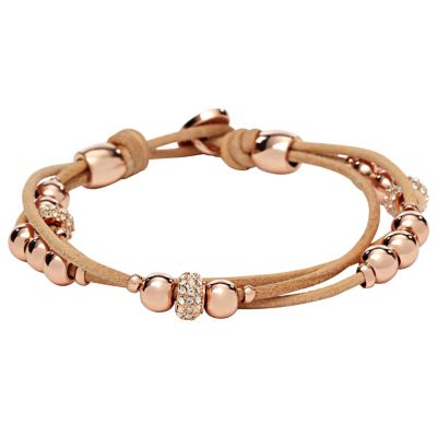 Fossil Rose GoldPlated Beads Nude Leather Bracelet H.Samuel