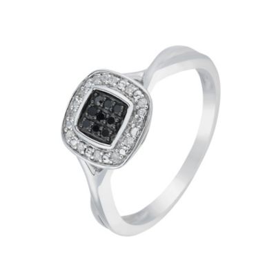 Silver Diamond & Treated Black Diamond Square Cluster Ring H. Samuel