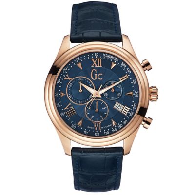 Gc Men's Rose GoldPlated Navy Blue Leather Strap Watch Ernest Jones
