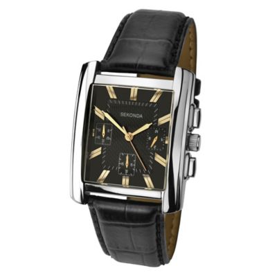 Sekonda Men's Rectangular Dial Black Leather Strap Watch H.Samuel