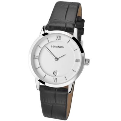 Sekonda Ladies' Silver Dial Black Leather Strap Watch H.Samuel