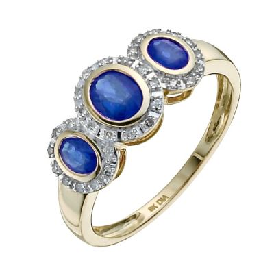 9ct yellow gold oval sapphire & diamond three stone ring Ernest Jones