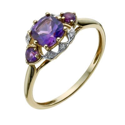9ct Yellow Gold Diamond & Amethyst Ring H.Samuel