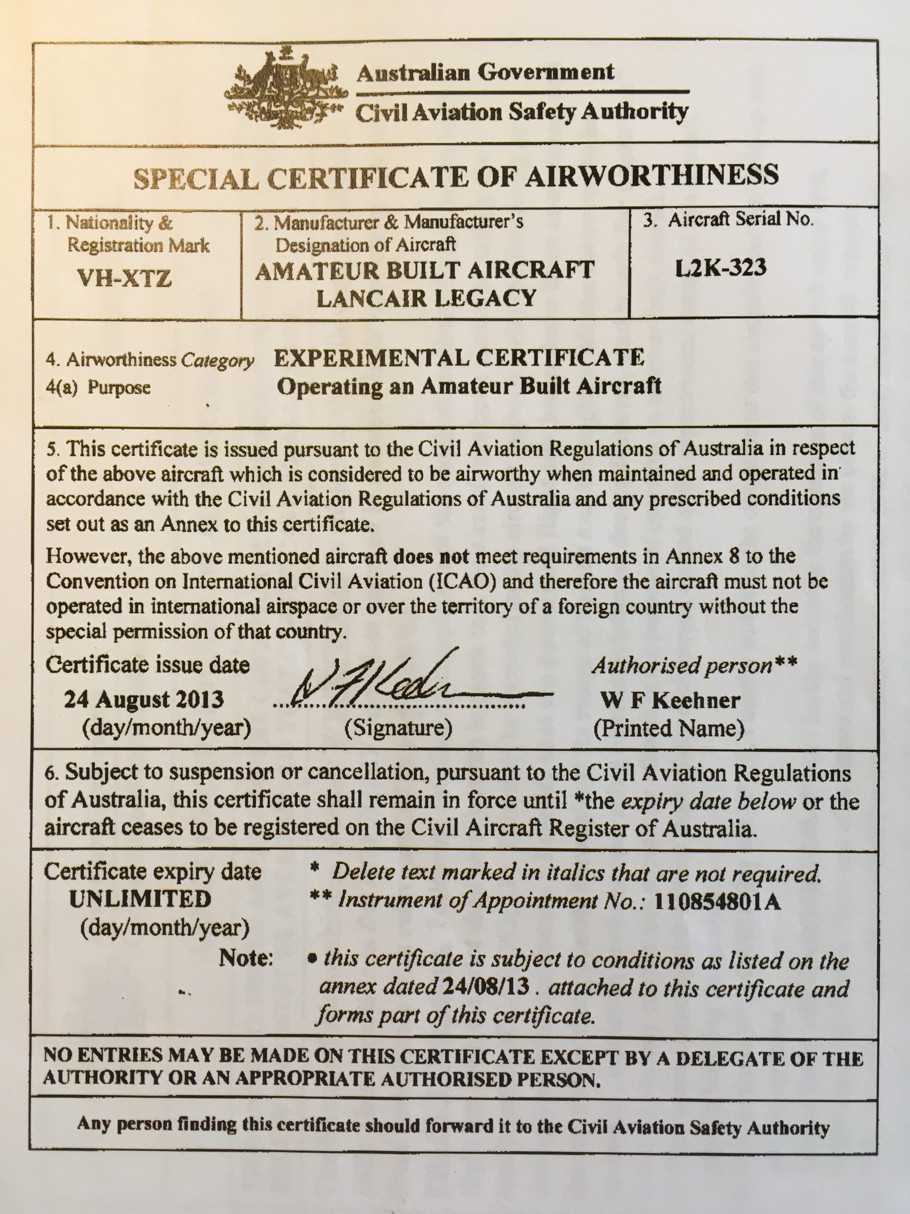 AP Service CofA Revised or Replacement Certificate Sport Aircraft