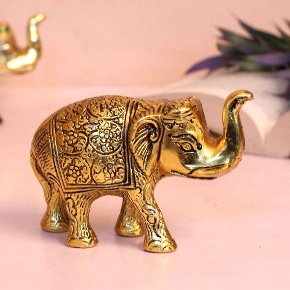 SAARTHI Metal Trunk Up Elephant Showpiece (Golden)