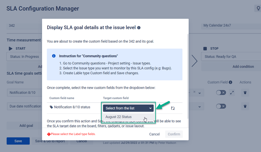 Configure Jira Custom fields with SLA Time and Report for Jira addon