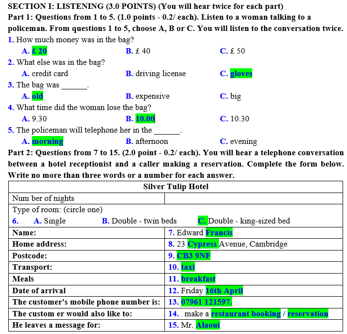 Listening Test 1 Level A2B1 Develop listening skills