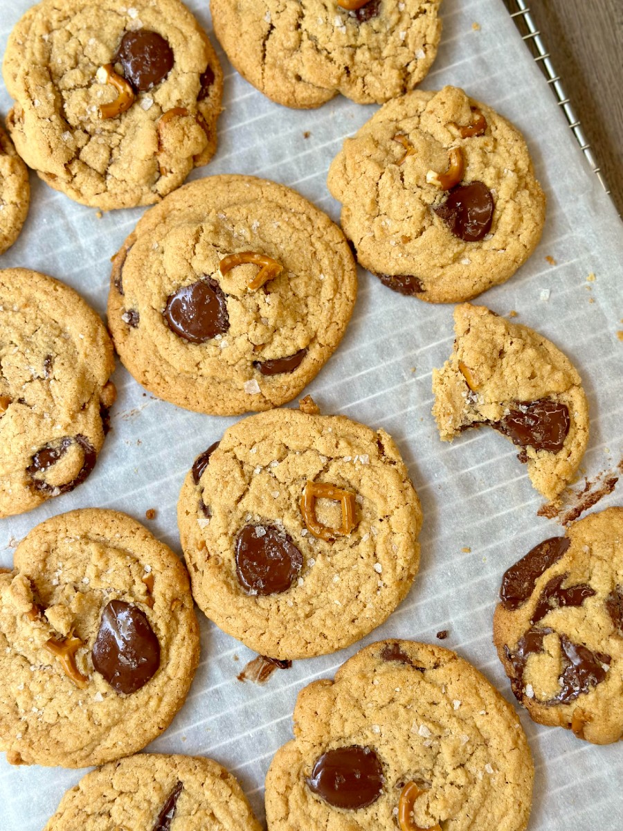 Peanut Butter Cookies with Chocolate Chips and Pretzels Sacha Served What