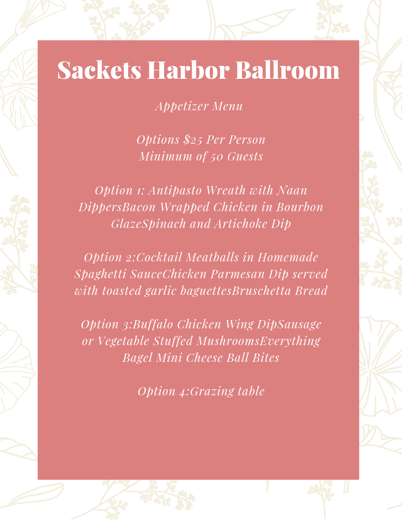 Party Menus Sackets Harbor Ballroom