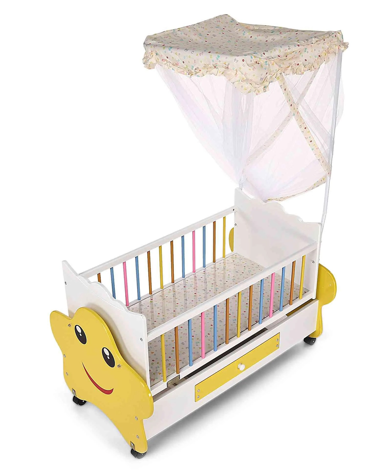 Babyhug Lucky Star Wooden Cradle with Wheels Yellow White Online in