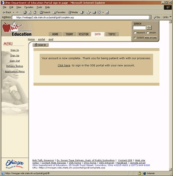 ODE SAFE Signin Home Page