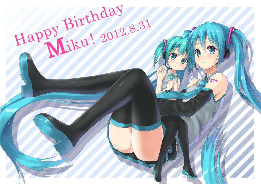 Safebooru 2girls alexmaster aqua eyes aqua hair black legwear blush