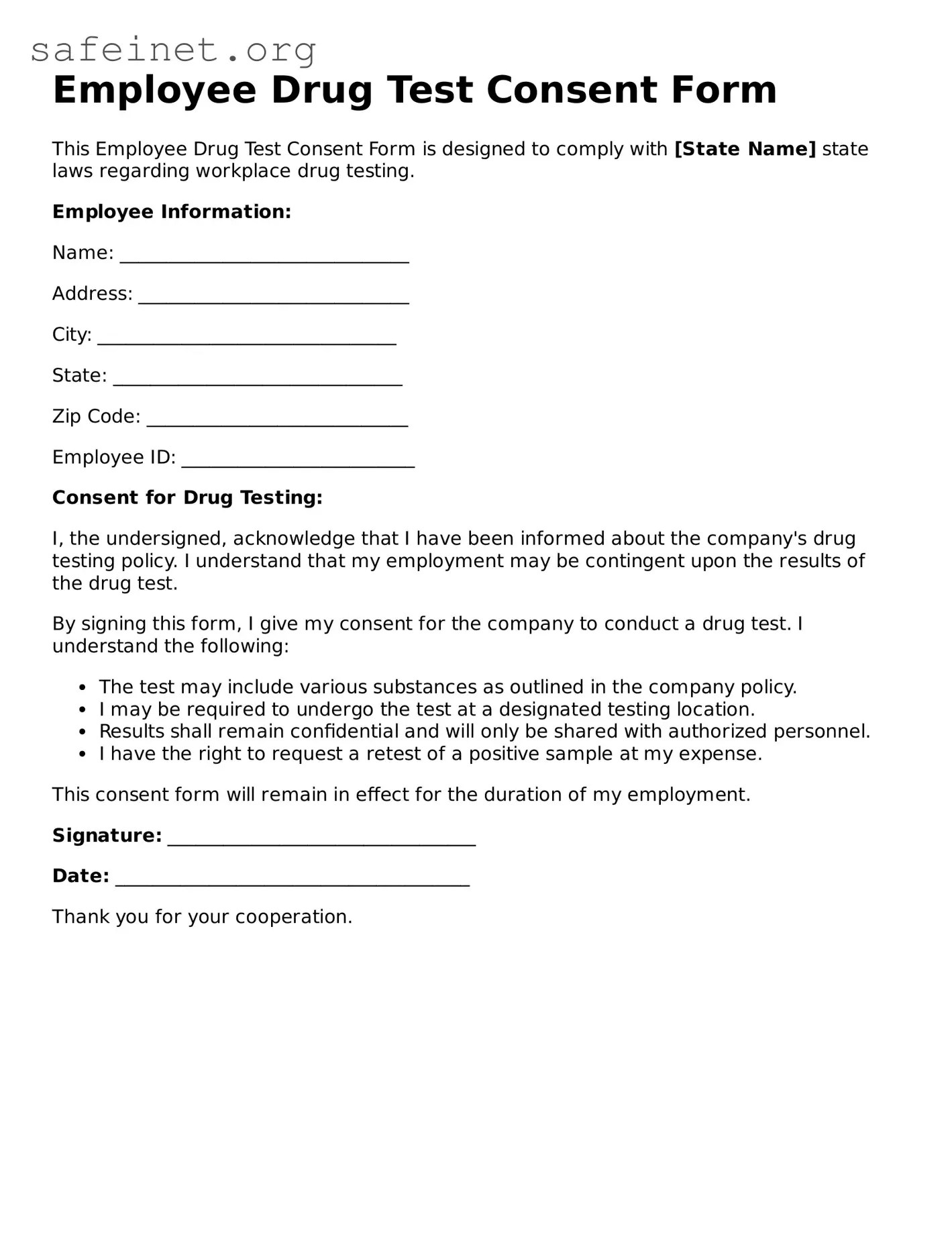 Free Employee Drug Test Consent PDF Template ≡