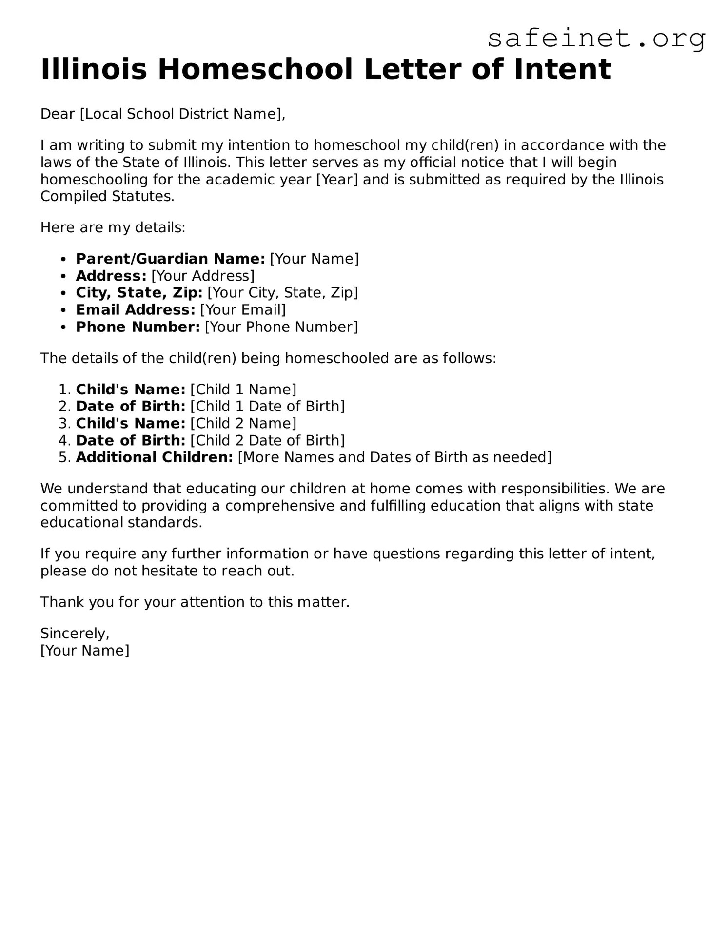 Free Illinois Homeschool Letter of Intent PDF Template ≡ SafeInet