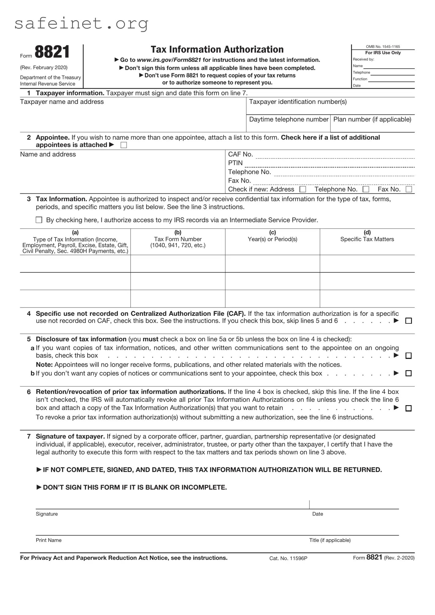 Blank IRS 8821 Form ≡(07)