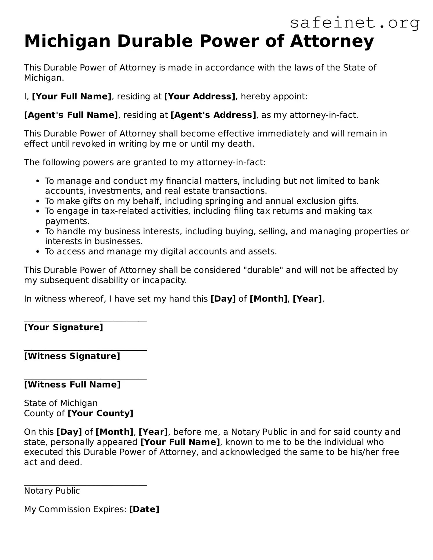 Free Michigan Durable Power of Attorney PDF Template ≡(08)
