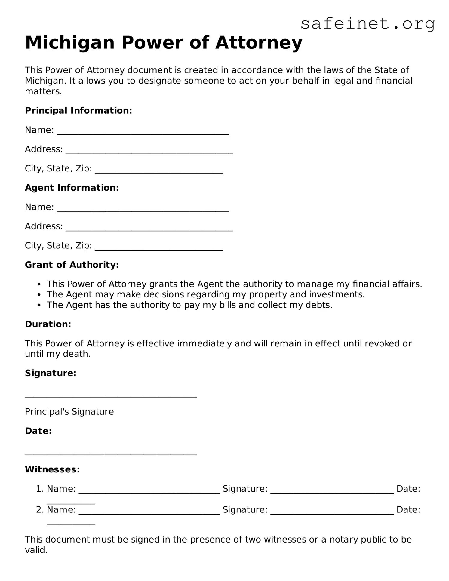Free Michigan Power of Attorney PDF Template ≡