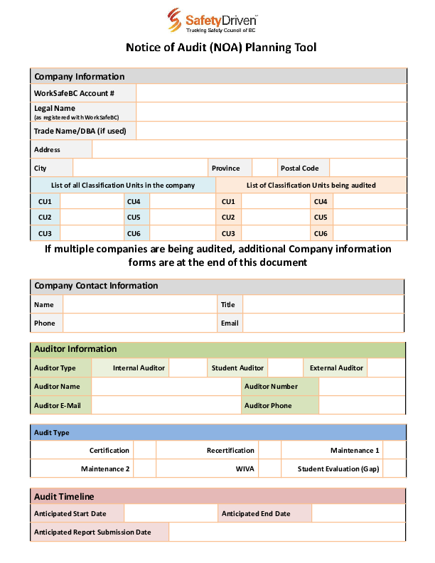 COR Audit Action Plan Template Safety Driven TSCBC