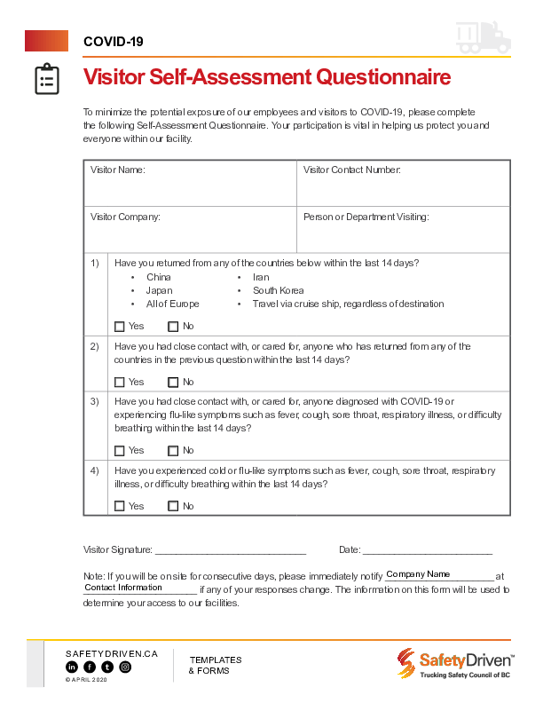Visitor SelfAssessment Questionnaire Safety Driven TSCBC
