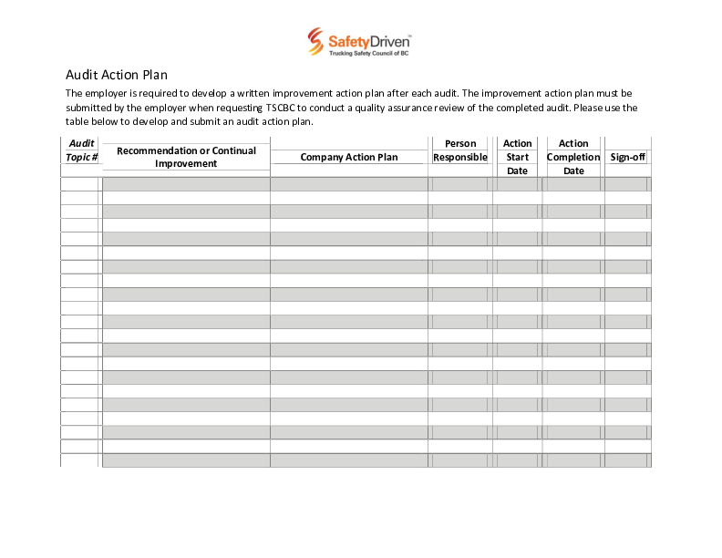 COR Audit Action Plan Template Safety Driven TSCBC