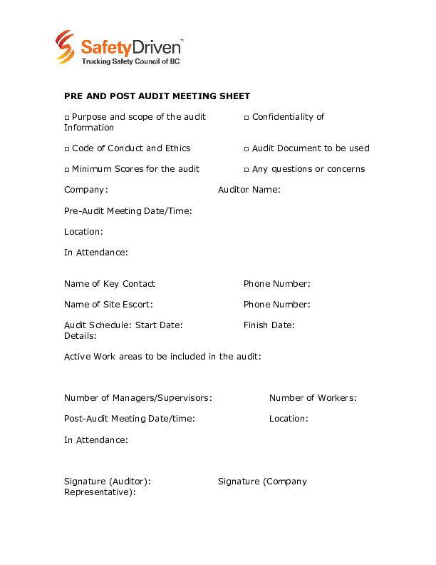 COR Pre and PostAudit Meeting Sheet Safety Driven TSCBC