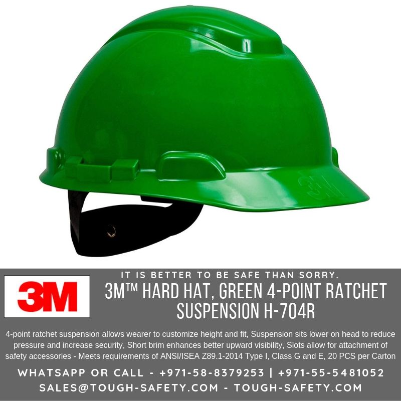 3M 704R Hard Hat, Green Safety Helmet 4Point Ratchet Suspension