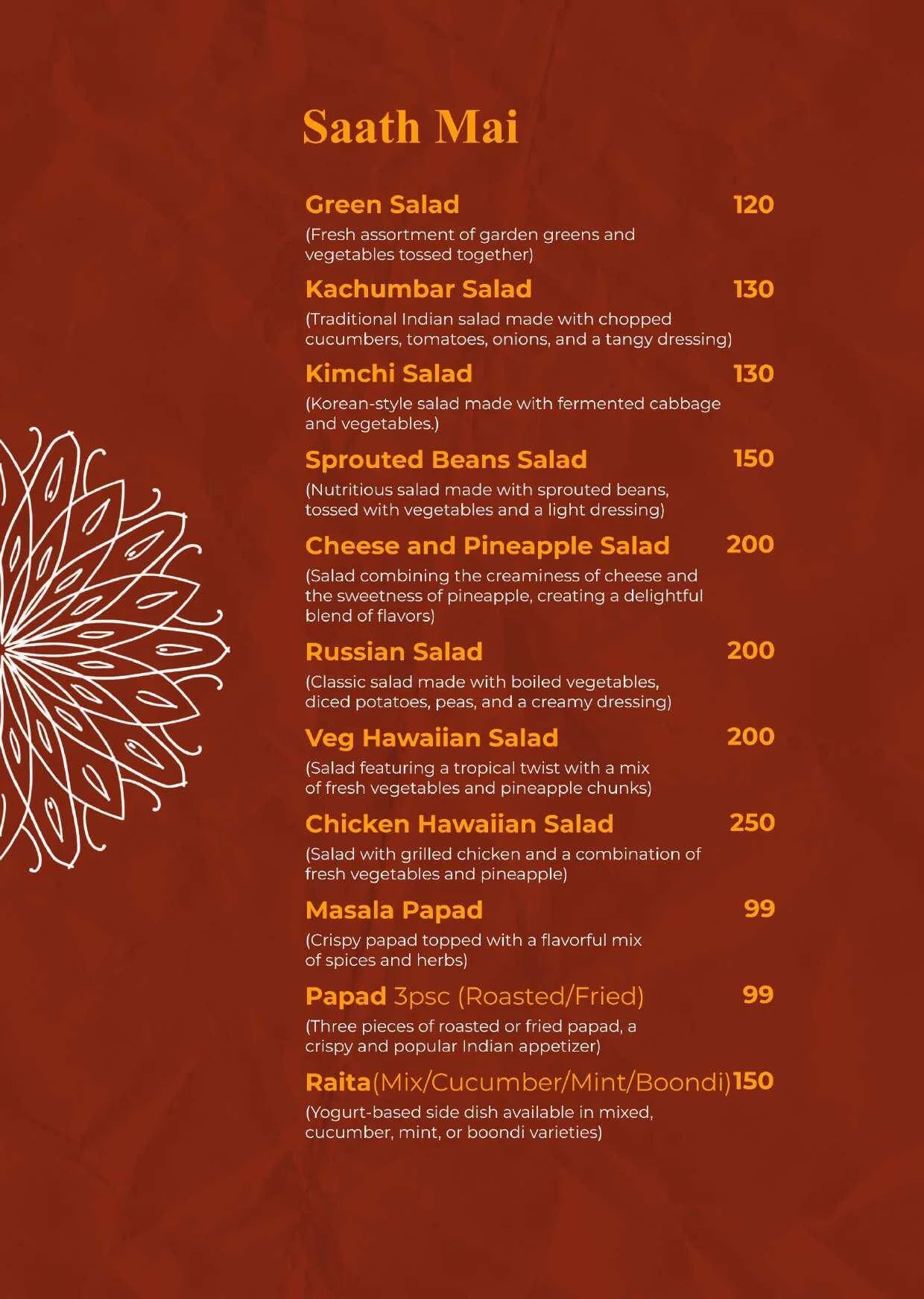 Menu Starter Saffron kitchen restaurant