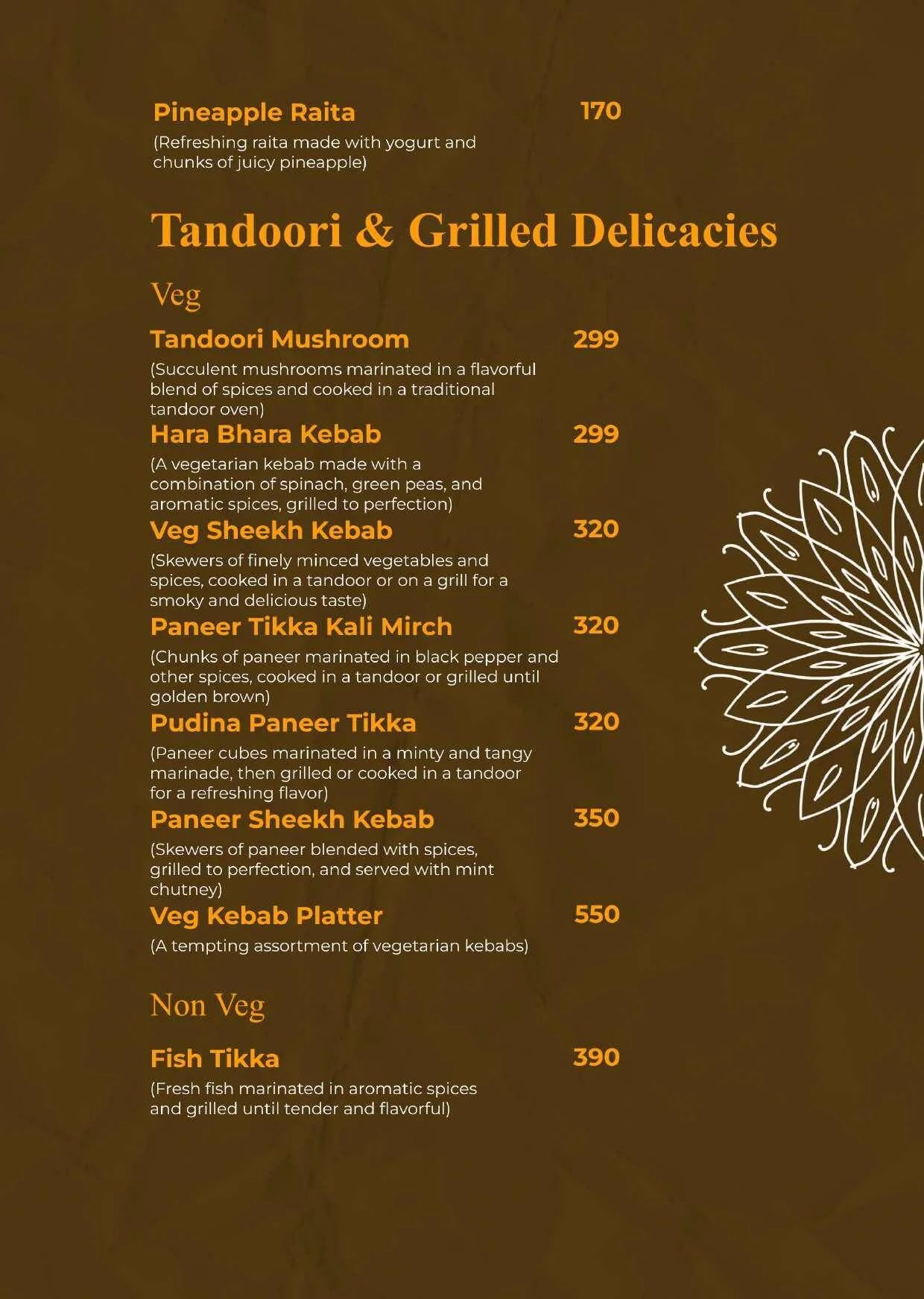 Menu Starter Saffron kitchen restaurant