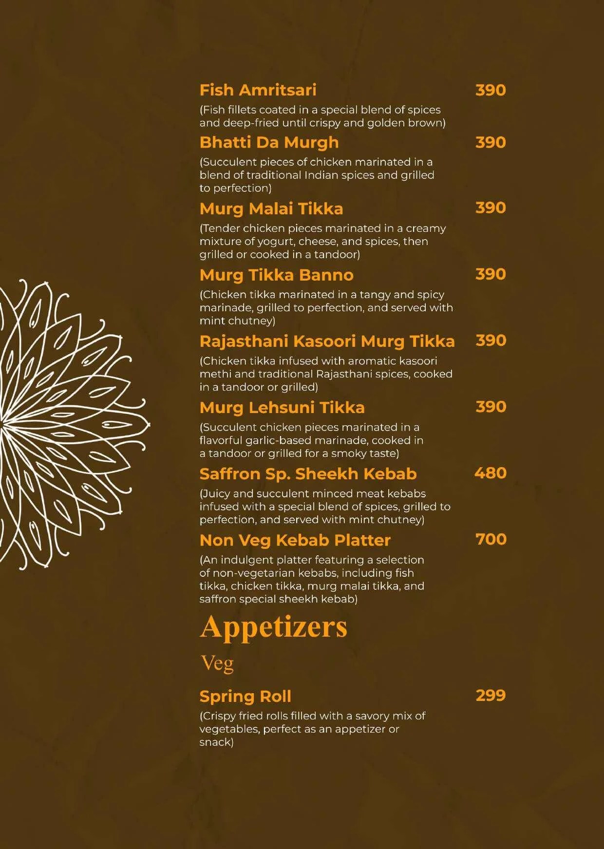 Menu Starter Saffron kitchen restaurant