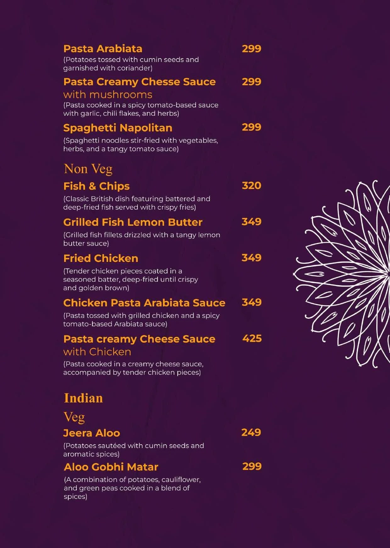 Menu Starter Saffron kitchen restaurant