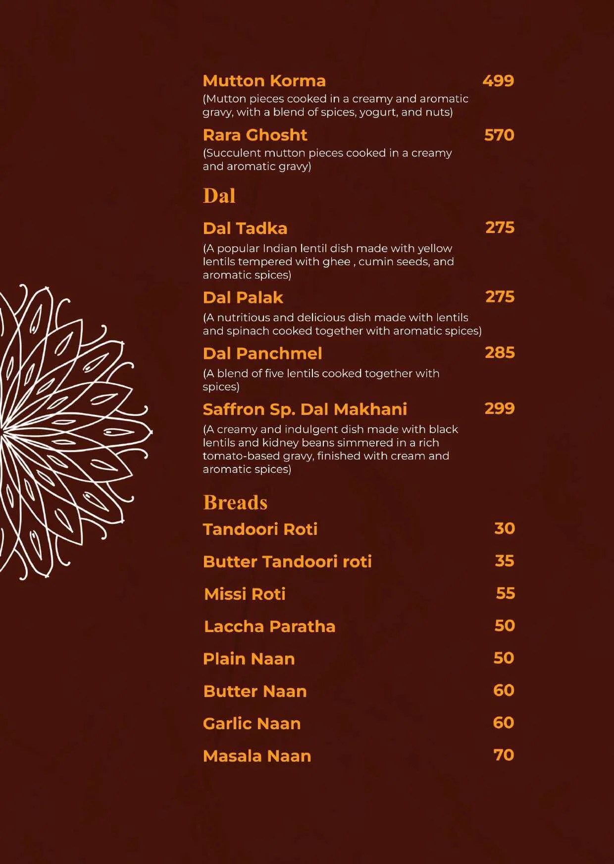 Menu Starter Saffron kitchen restaurant