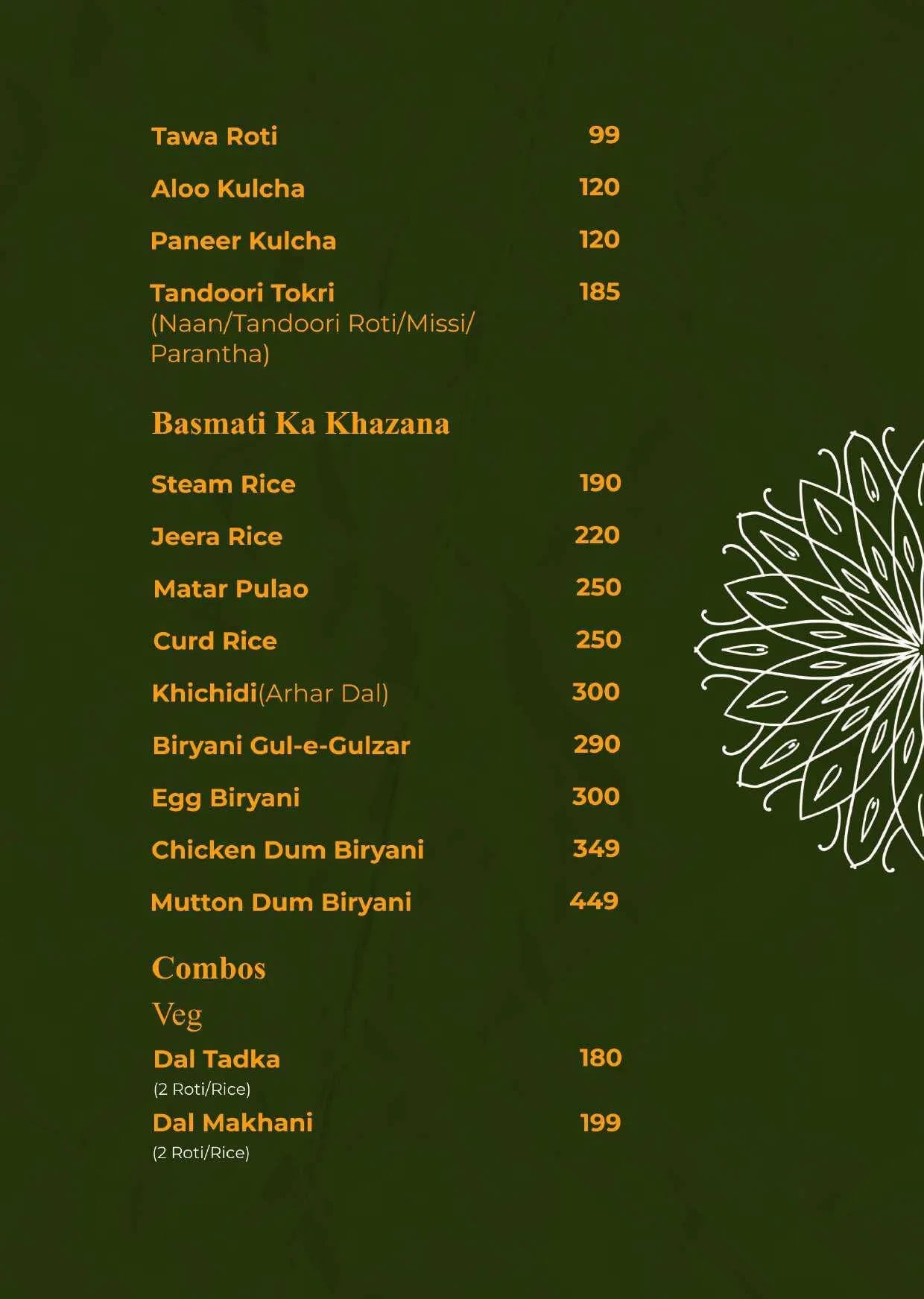 Menu Starter Saffron kitchen restaurant