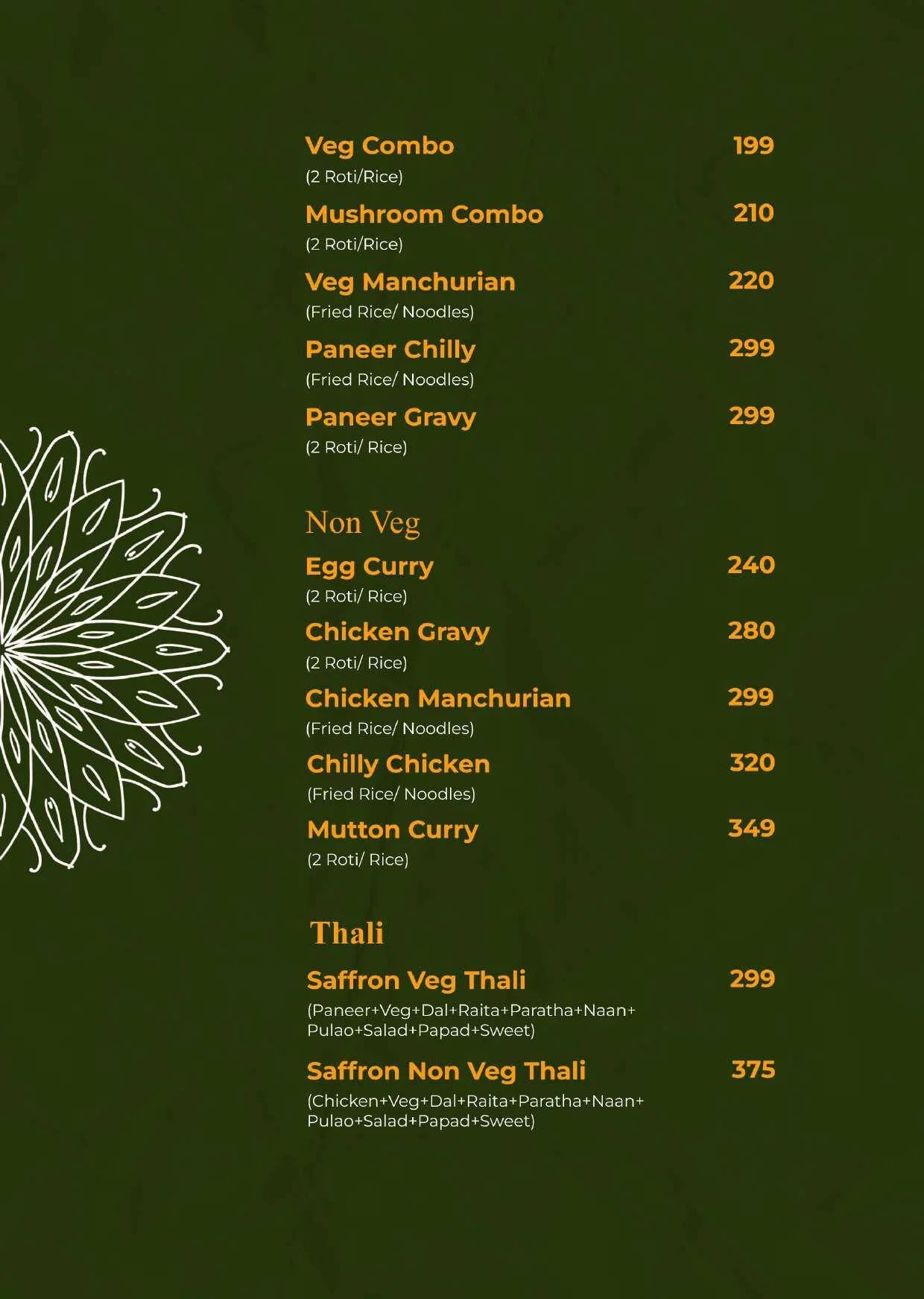 Menu Starter Saffron kitchen restaurant