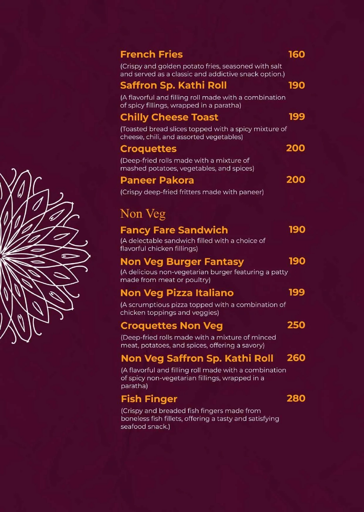 Menu Starter Saffron kitchen restaurant