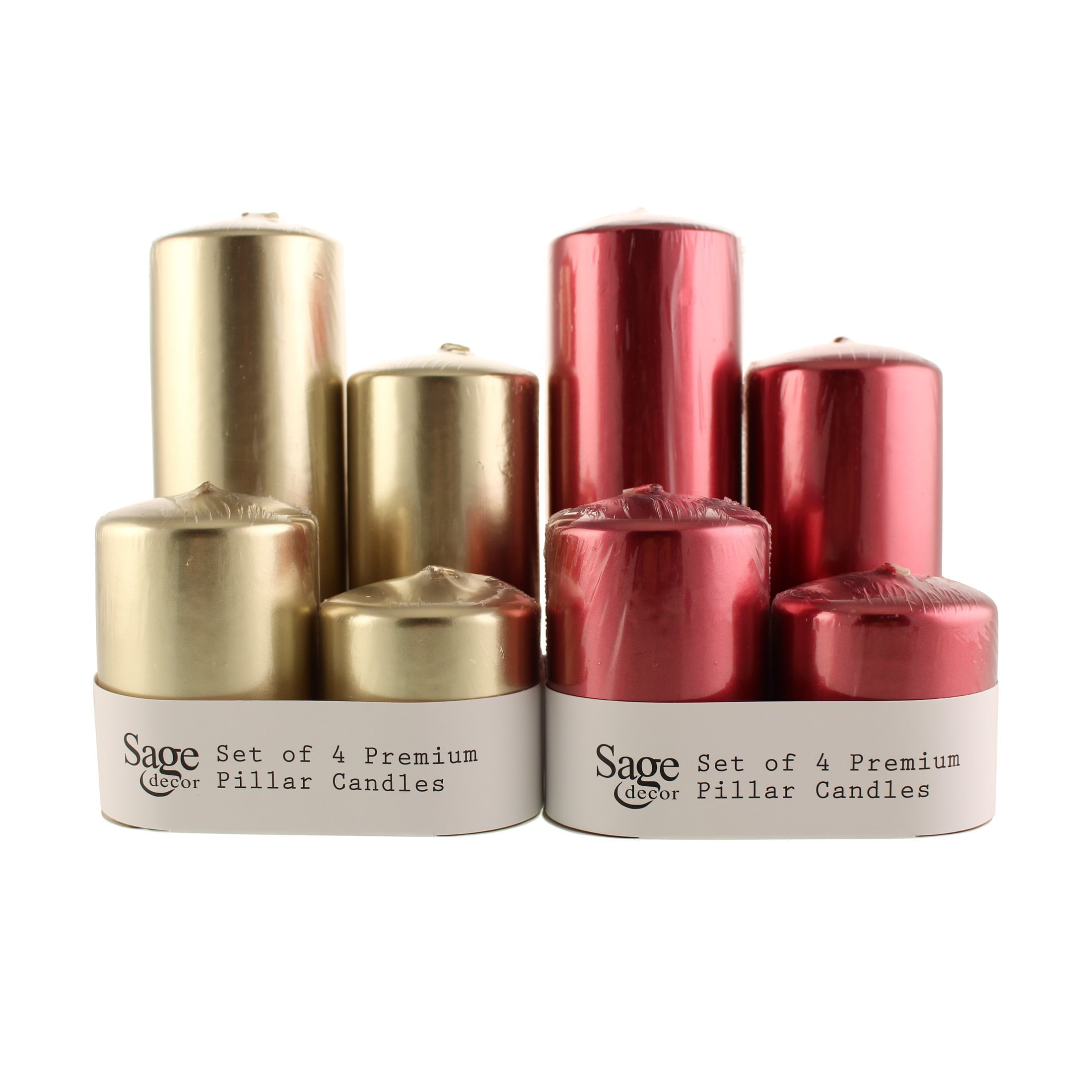 64x Set Gold & Red Metallic Pillar Candles SageDecor