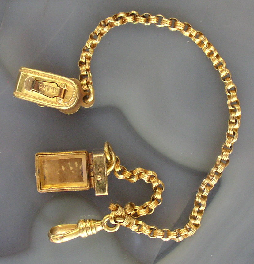 Antique Gold Vest Pocket Watch Chain with engraved photo Locket Fob pat