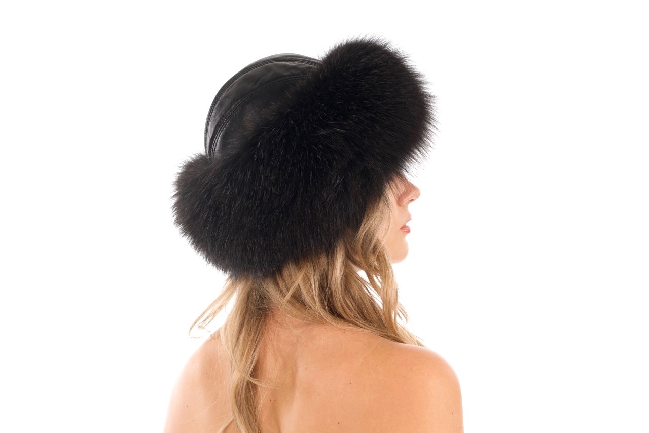 Black Leather Hat with Black Fox Trim Sakowitz Furs