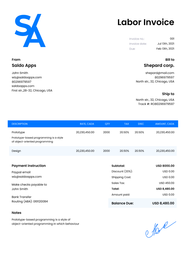 Invoice For Labor Free Sample Labor Invoice with Saldoinvoice