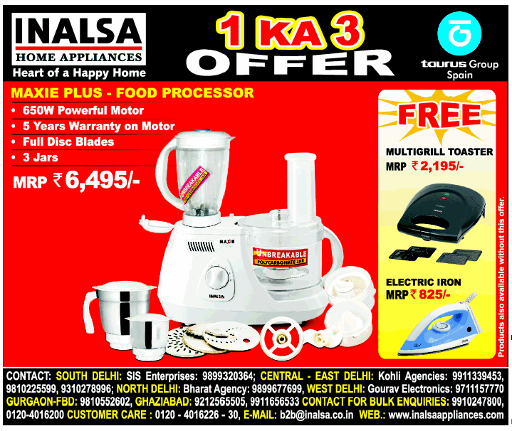 Inalsa Offers on Food Processors / Mumbai, New Delhi, Bangalore